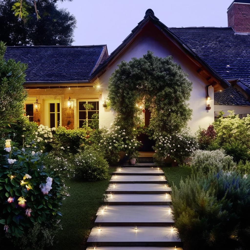 Quaint and charming house, surrounded by a beautiful garden, warm welcoming lights