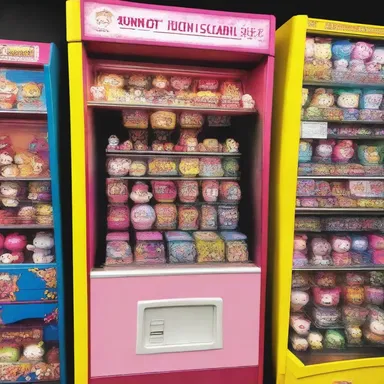 The arcade has several coin-operated anime-themed claw machines.