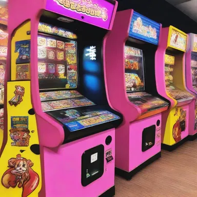 The arcade has several coin-operated anime-themed claw machines.