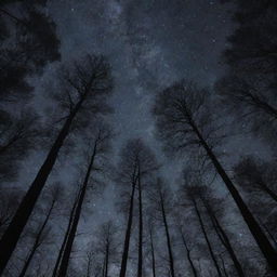 A dense, dark forest under the mysterious night sky, filled with towering trees whose shadowy silhouettes brush against the starlit sky.