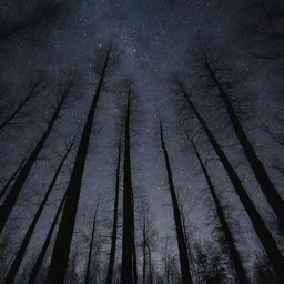 A dense, dark forest under the mysterious night sky, filled with towering trees whose shadowy silhouettes brush against the starlit sky.