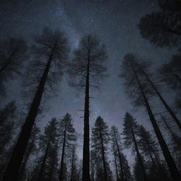 A dense, dark forest under the mysterious night sky, filled with towering trees whose shadowy silhouettes brush against the starlit sky.