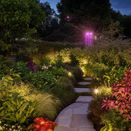 Enhance previous image with added warmth to the lighting and more vibrant garden colors.