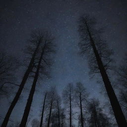 A dense, dark forest under the mysterious night sky, filled with towering trees whose shadowy silhouettes brush against the starlit sky.