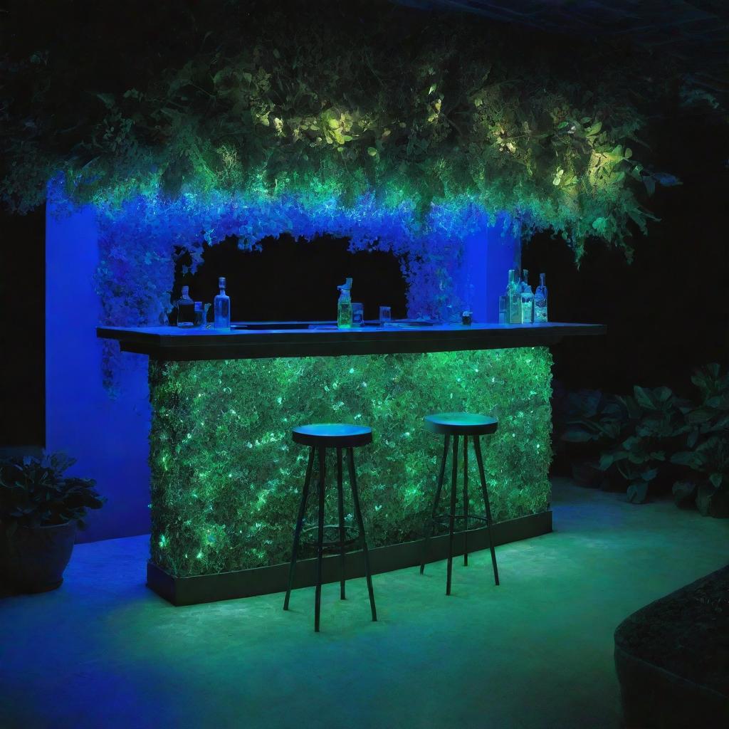 A vibrant green garden acts as decoration for a bar illuminated by ethereal blue lighting.