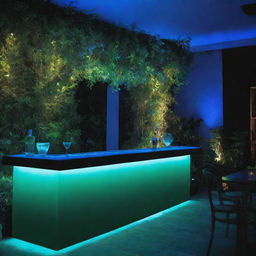 A vibrant green garden acts as decoration for a bar illuminated by ethereal blue lighting.