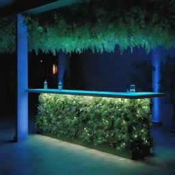 A vibrant green garden acts as decoration for a bar illuminated by ethereal blue lighting.