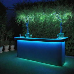 A vibrant green garden acts as decoration for a bar illuminated by ethereal blue lighting.