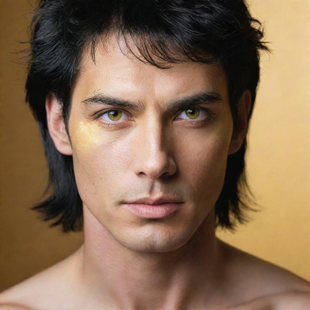 A man with luminous golden eyes and jet black hair