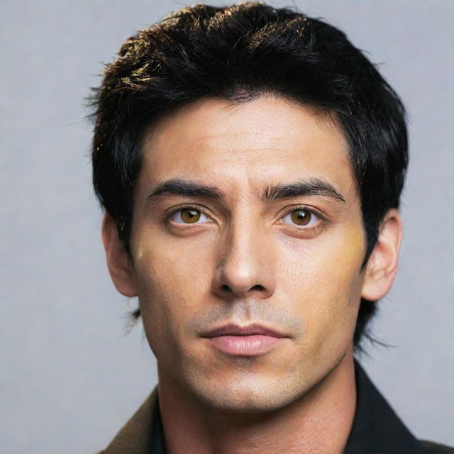 A man with luminous golden eyes and jet black hair