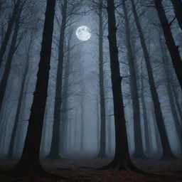 A dense, ominous forest under the moonlit sky, where shadows cast deep mysteries and the looming trees whisper tales of the ancient