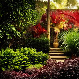 Enhance previous image with added warmth to the lighting and more vibrant garden colors.