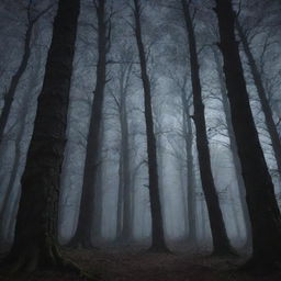 A dense, ominous forest under the moonlit sky, where shadows cast deep mysteries and the looming trees whisper tales of the ancient