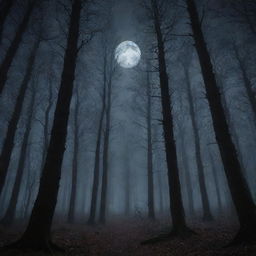 A dense, ominous forest under the moonlit sky, where shadows cast deep mysteries and the looming trees whisper tales of the ancient