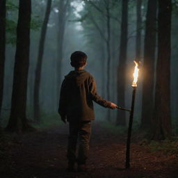 A boy holding a torch in his hand, facing his back towards the viewer and standing in a dark forest