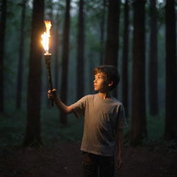 A boy holding a torch in his hand, facing his back towards the viewer and standing in a dark forest