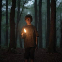 A boy holding a torch in his hand, facing his back towards the viewer and standing in a dark forest