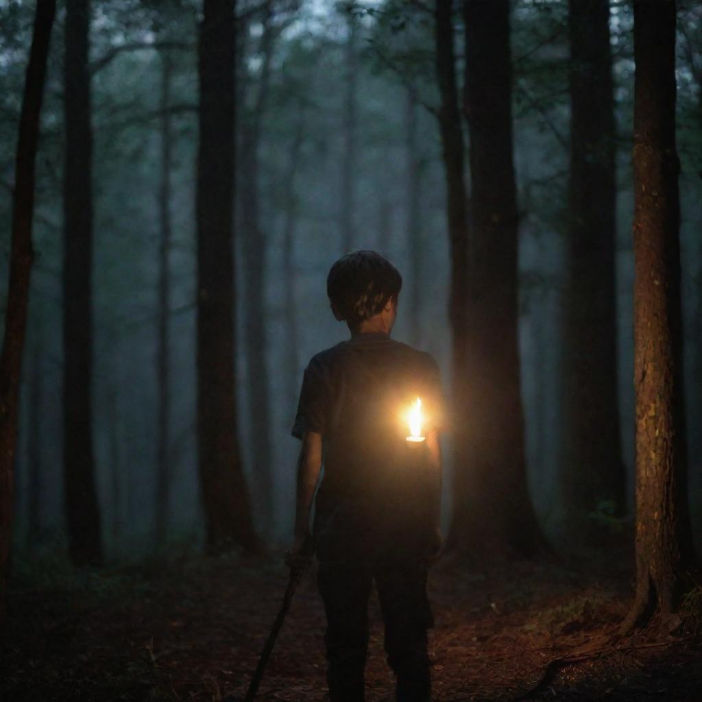 A boy holding a torch in his hand, facing his back towards the viewer and standing in a dark forest