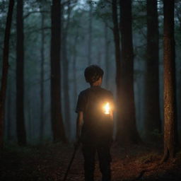 A boy holding a torch in his hand, facing his back towards the viewer and standing in a dark forest