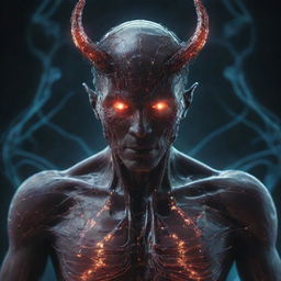 A demon with supernatural control over all forms of cybernetics, its eyes glowing with digital circuits and its hands emanating a network of pulsating data streams.