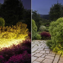 Enhance previous image with added warmth to the lighting and more vibrant garden colors.