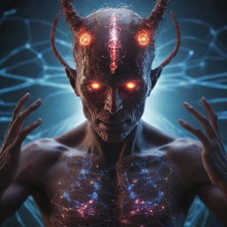 A demon with supernatural control over all forms of cybernetics, its eyes glowing with digital circuits and its hands emanating a network of pulsating data streams.