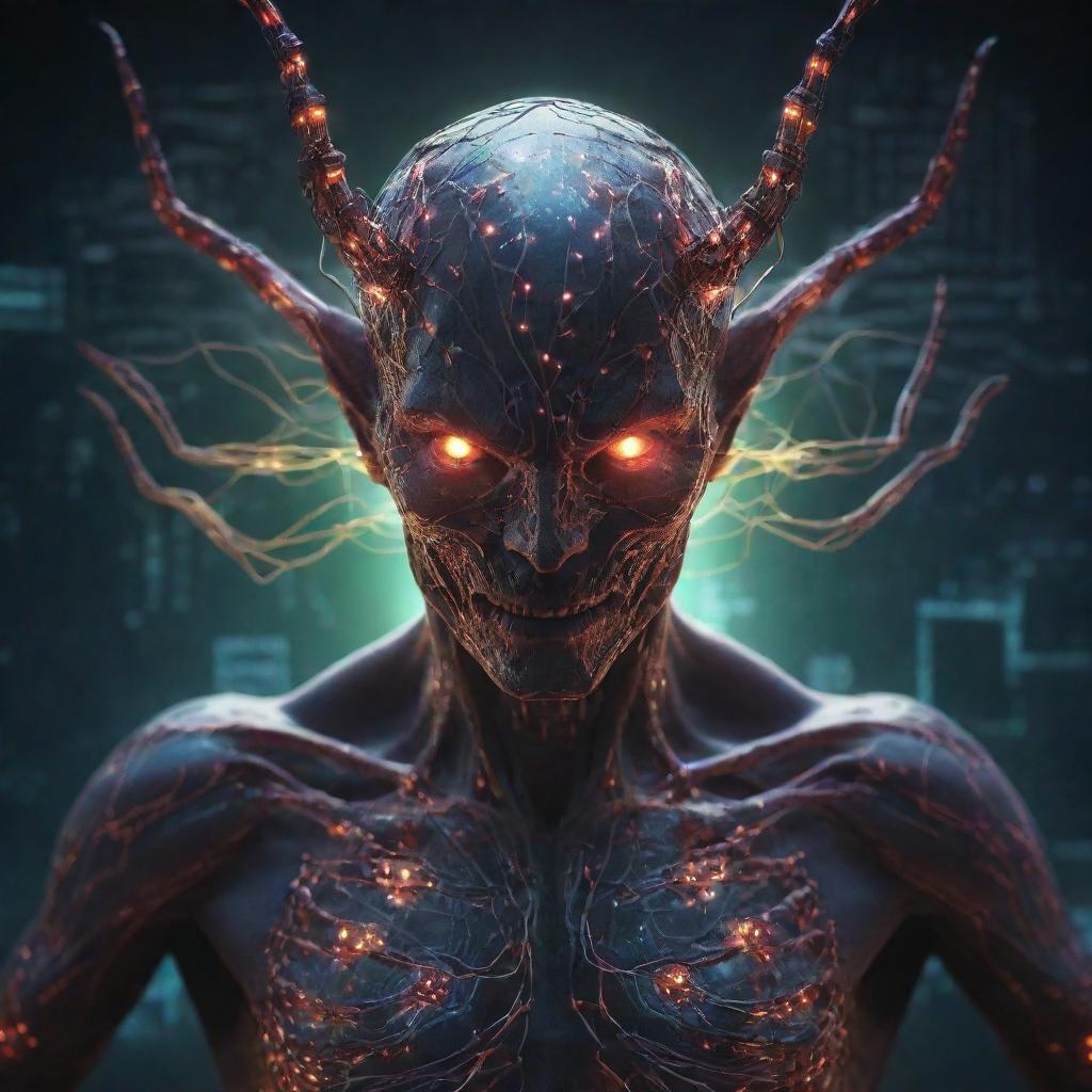 A demon with supernatural control over all forms of cybernetics, its eyes glowing with digital circuits and its hands emanating a network of pulsating data streams.