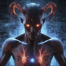 A demon with supernatural control over all forms of cybernetics, its eyes glowing with digital circuits and its hands emanating a network of pulsating data streams.