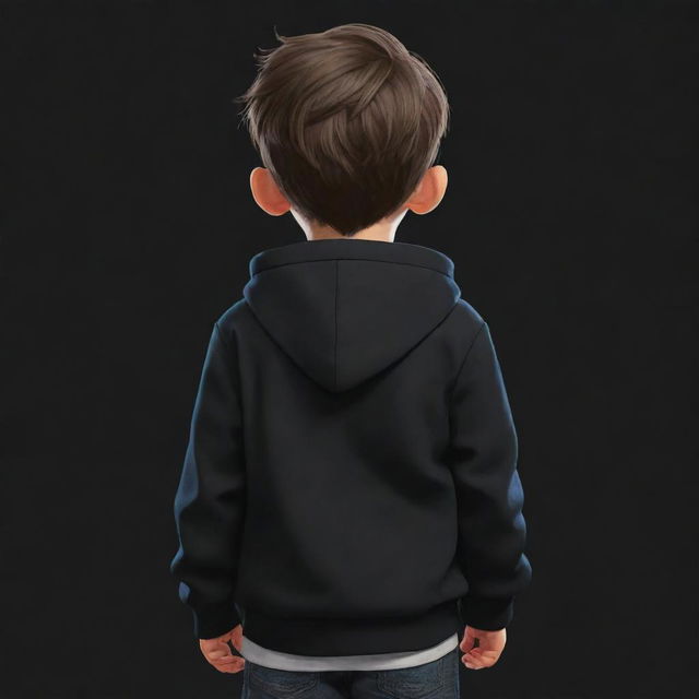 Back view of a cartoon boy donned in dark clothes.