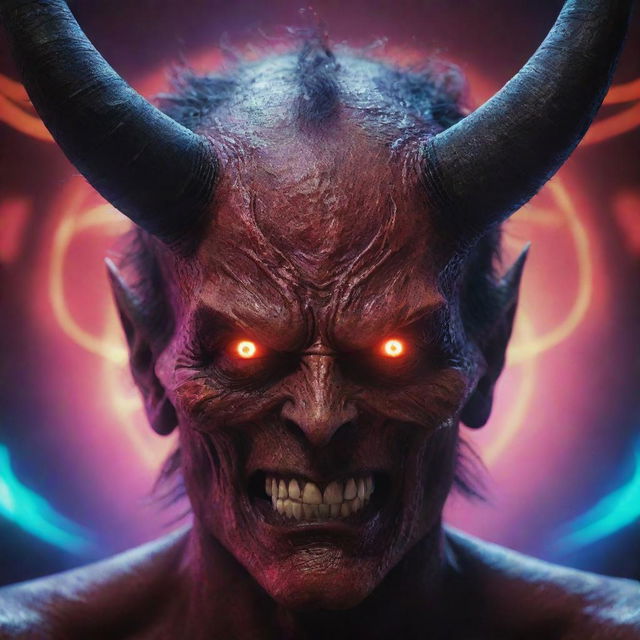 Close-up of a demonic face with sharp horns, with a vibrant, technologically infused background radiating waves of digital effects.