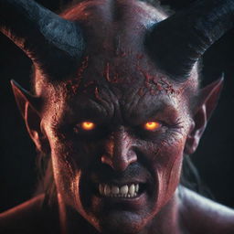 A close-up of a formidable demon's face with sharp horns, rendered with a digital glitch effect, overlayed with flickering strings of binary numbers.