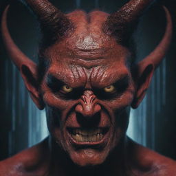 A close-up of a formidable demon's face with sharp horns, rendered with a digital glitch effect, overlayed with flickering strings of binary numbers.