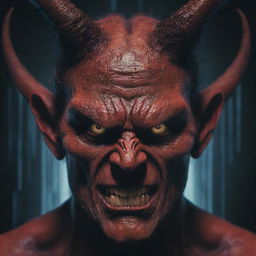 A close-up of a formidable demon's face with sharp horns, rendered with a digital glitch effect, overlayed with flickering strings of binary numbers.