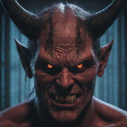 A close-up of a formidable demon's face with sharp horns, rendered with a digital glitch effect, overlayed with flickering strings of binary numbers.