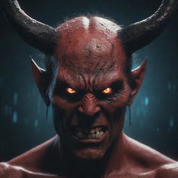 A close-up of a formidable demon's face with sharp horns, rendered with a digital glitch effect, overlayed with flickering strings of binary numbers.