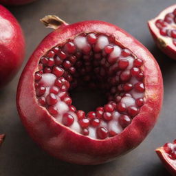 A ripe pomegranate split open, revealing a cozy bird's nest nestled within its juicy seeds