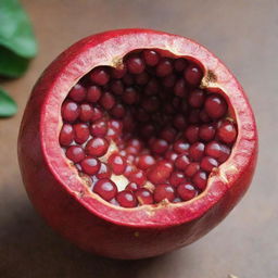 A ripe pomegranate split open, revealing a cozy bird's nest nestled within its juicy seeds