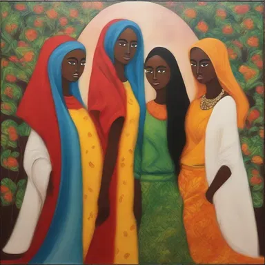 The painting depicted a beautiful sisterhood of female artists, showcasing their creativity and unity.