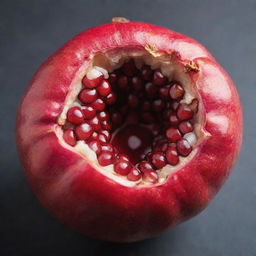 A ripe pomegranate split open, revealing a cozy bird's nest nestled within its juicy seeds