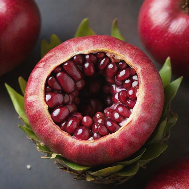 A ripe pomegranate split open, revealing a cozy bird's nest nestled within its juicy seeds