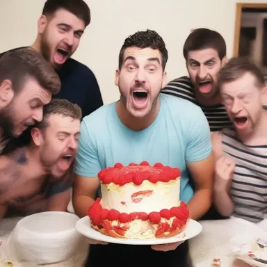 His friends dared him to irresponsibly eat an entire cake in one sitting, and he accepted the challenge as a joke.