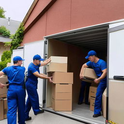 A team of movers efficiently packing boxes and loading furniture into a truck from an apartment, bustling activity, sense of professionalism.