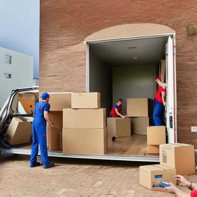 A team of movers efficiently packing boxes and loading furniture into a truck from an apartment, bustling activity, sense of professionalism.