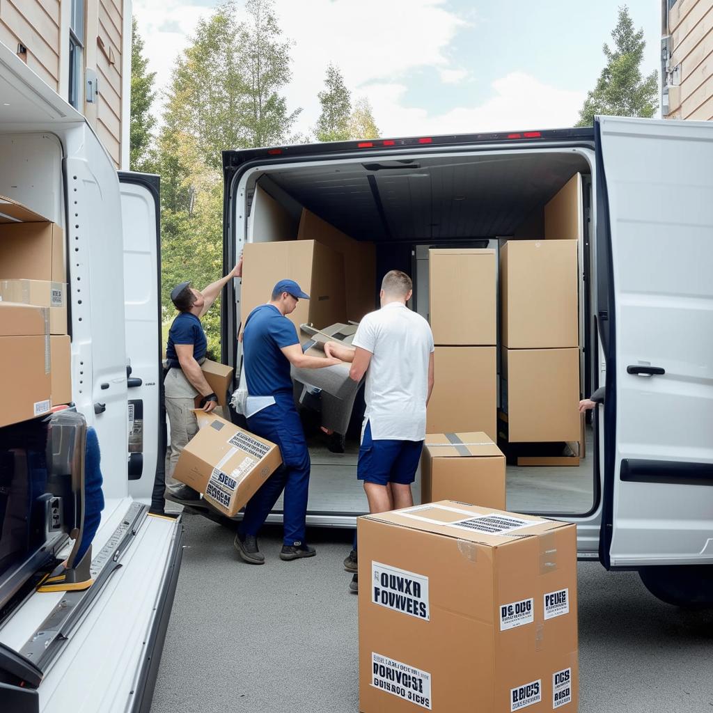 A team of movers efficiently packing boxes and loading furniture into a truck from an apartment, bustling activity, sense of professionalism.