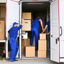 A team of movers efficiently packing boxes and loading furniture into a truck from an apartment, bustling activity, sense of professionalism.