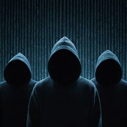 A representation of cyber crime, featuring anonymous figures in hoodies, illuminated only by the glow of computer screens, amidst a backdrop of cascading binary code and cracked security symbols.