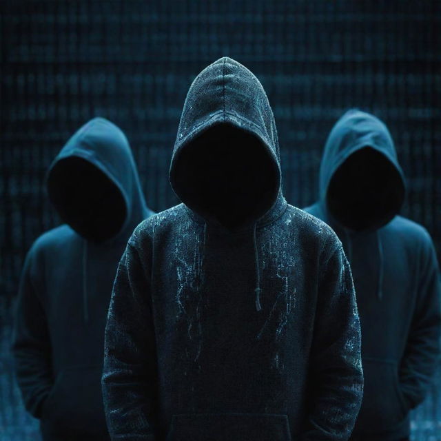 A representation of cyber crime, featuring anonymous figures in hoodies, illuminated only by the glow of computer screens, amidst a backdrop of cascading binary code and cracked security symbols.