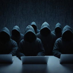 A representation of cyber crime, featuring anonymous figures in hoodies, illuminated only by the glow of computer screens, amidst a backdrop of cascading binary code and cracked security symbols.