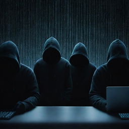 A representation of cyber crime, featuring anonymous figures in hoodies, illuminated only by the glow of computer screens, amidst a backdrop of cascading binary code and cracked security symbols.