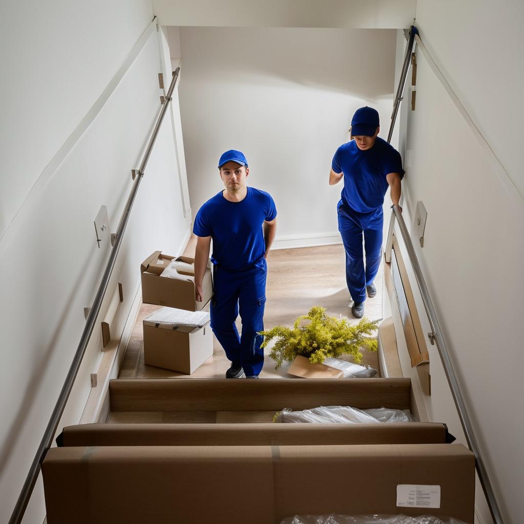 Movers carefully navigating downstairs carrying boxes and furniture from an apartment, with focus on the effort and coordination.